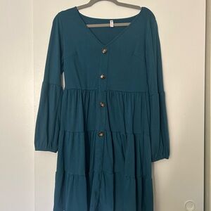 Tiered Long Sleeve V-Neck Dress in Teal